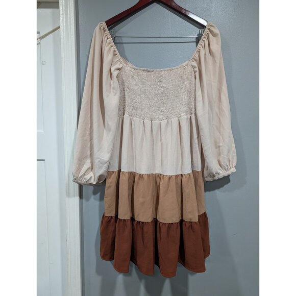Entro Tri Color Tiered Dress Smocked Back Long Sleeve Tan Brown Boho Peasant L - Picture 3 of 16